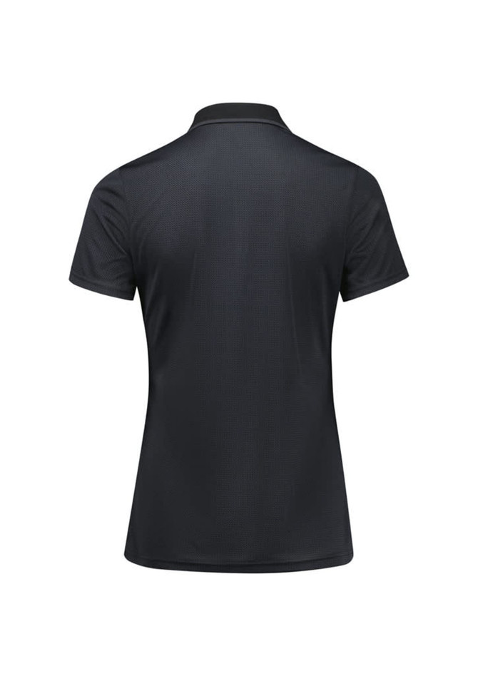 A women's short sleeve polo shirt in black, featuring a subtle textured pattern and a collar. It has a logo on the front.
