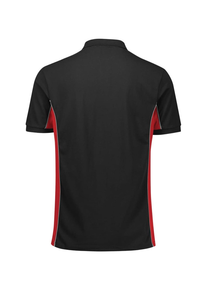 A black unisex short sleeve polo shirt featuring red side panels and a logo on the back.