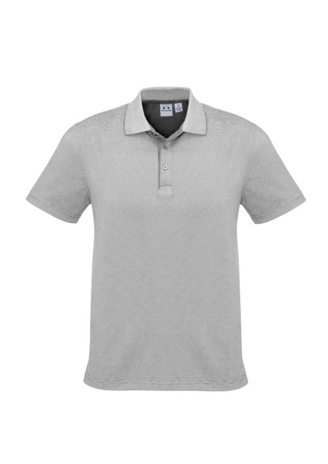A grey short sleeve polo shirt with a collar and a logo on the chest.
