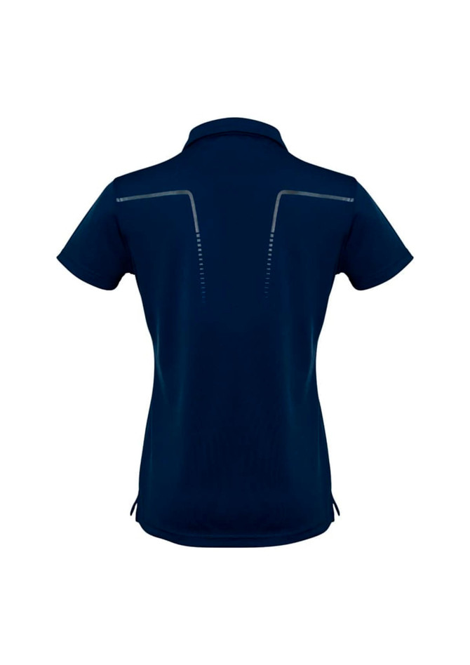 A navy short sleeve polo shirt for women, featuring a subtle design on the back and a logo.