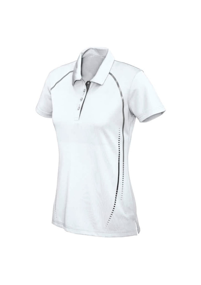 A white short sleeve polo shirt for women featuring subtle design details and a logo.