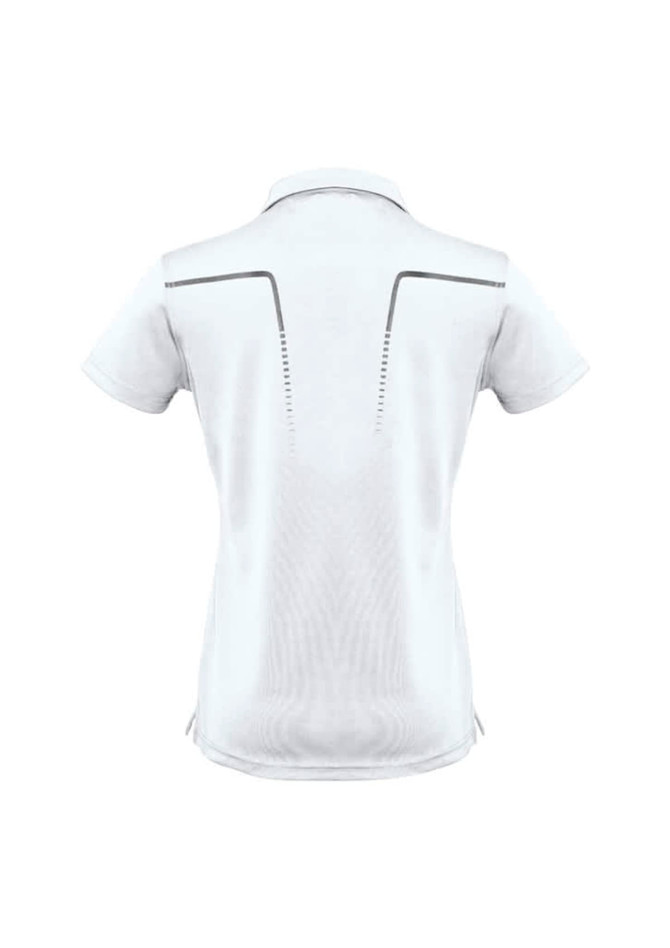 A short-sleeve women's polo shirt in white, featuring a logo and design details on the back.