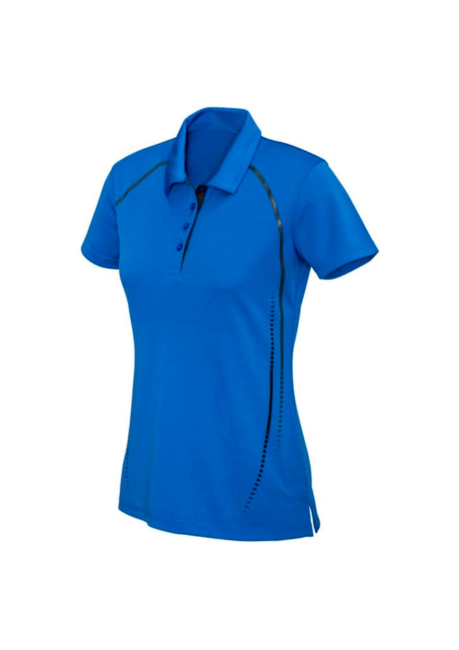 A women's short sleeve polo in vibrant blue with subtle black detailing and a logo.