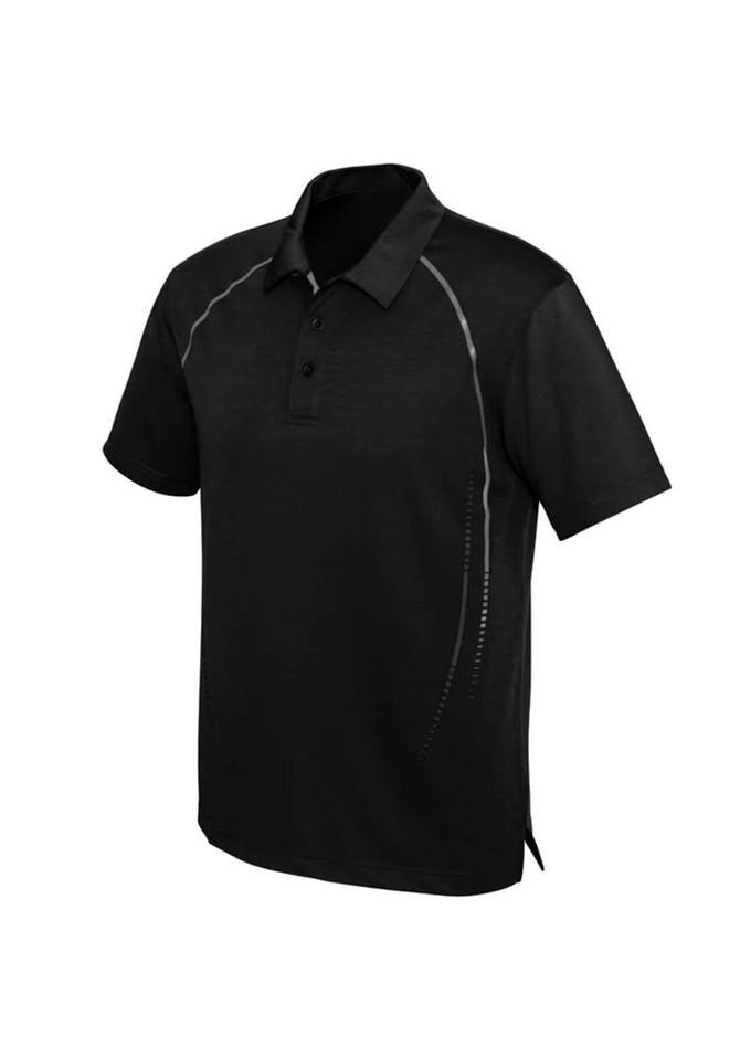 A black short sleeve polo shirt featuring a subtle design and a logo on the front.