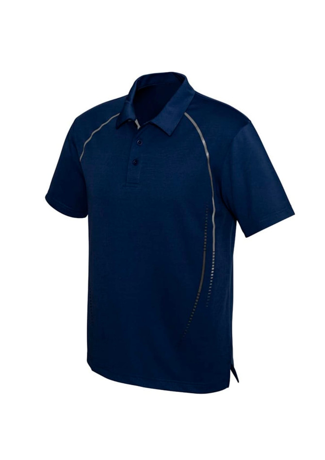 A navy short sleeve polo shirt with a sporty design and a logo on the chest.