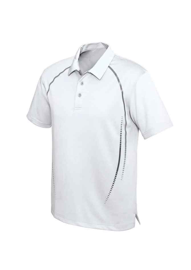 A light grey short sleeve polo shirt featuring a sleek design and logo on the front.