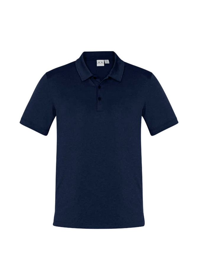 A navy blue men's short sleeve polo shirt featuring a collar and a logo on the chest.