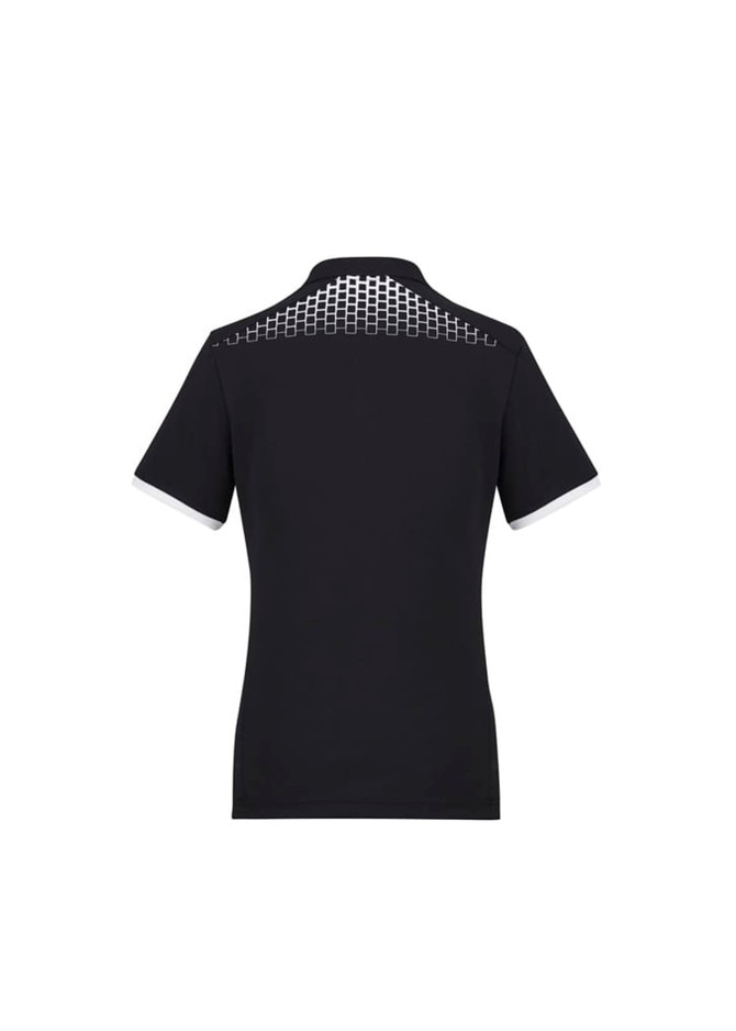 A women's black polo shirt featuring a grid design on the back and contrasting white trim on the sleeves.
