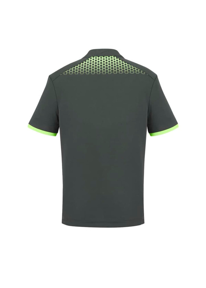 A men's short sleeve polo in dark grey with lime green accents and a patterned back design, featuring a logo.