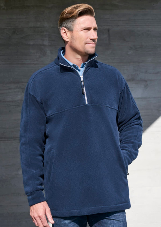 A men’s heavyweight fleece jumper in navy blue, featuring a zip-up collar and a relaxed fit.