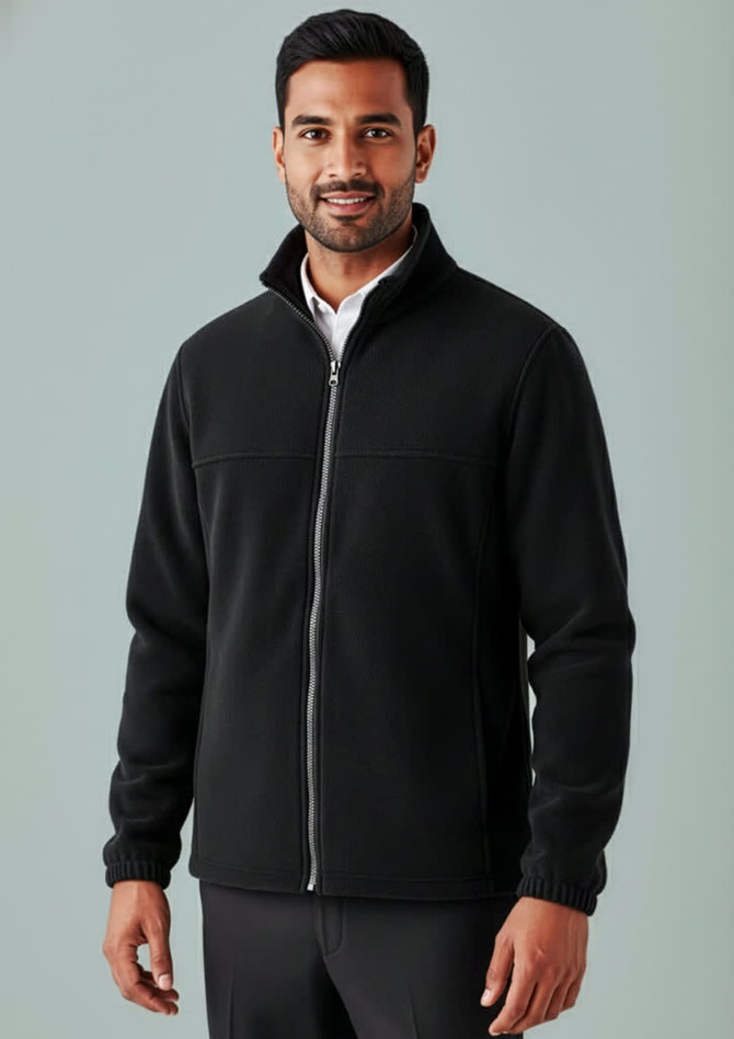 A black micro fleece jacket featuring a full zip and stand-up collar, modelled by a man against a neutral background.