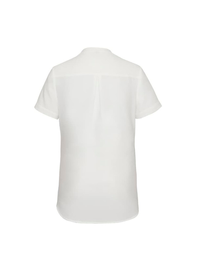 A white short sleeve blouse featuring a relaxed fit and a back seam detail. It includes a logo.