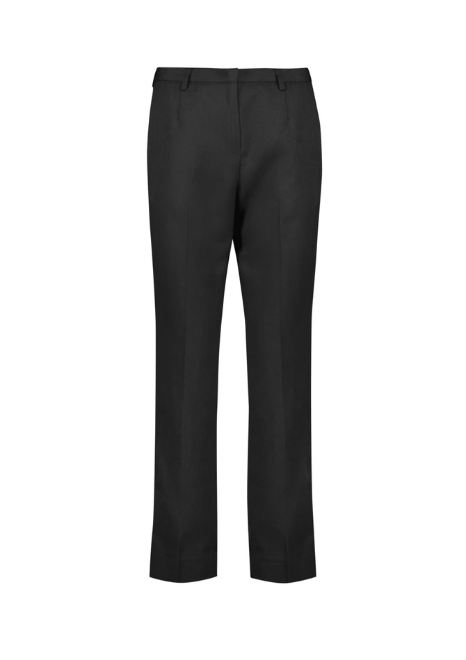A pair of black tapered leg pants with an adjustable waist and side pockets, featuring subtle branding.