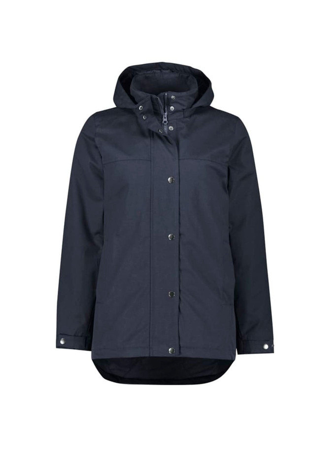 A women's Melbourne Comfort Jacket in navy, featuring a hood and front buttons, with a logo on the sleeve.
