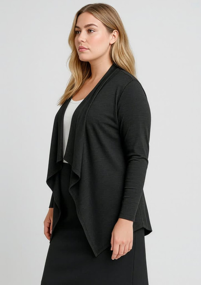 A black waterfall cardigan with a draped front, featuring long sleeves and a relaxed fit. It has a simple design with no visible logos.