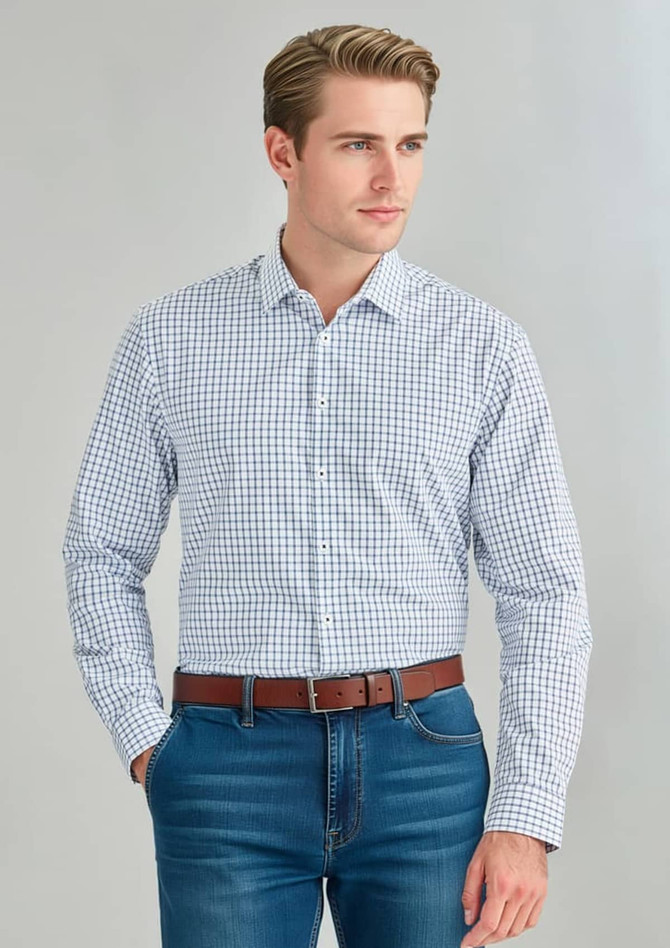 A long sleeve button-up shirt featuring a navy and white check pattern, paired with denim jeans and a brown belt.