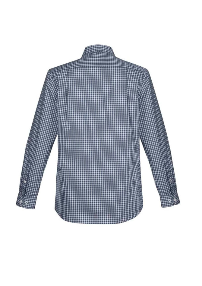 A long sleeve button-up shirt featuring a navy blue and white checkered pattern, with a logo on the back.