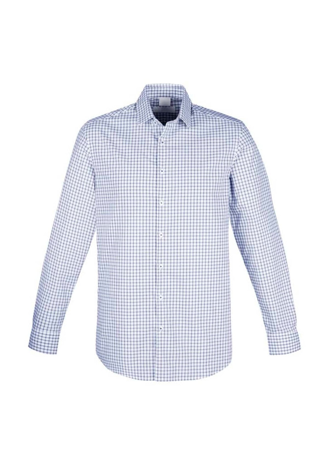 A long sleeve button-up shirt in blue and white check pattern, featuring a collar and a logo.