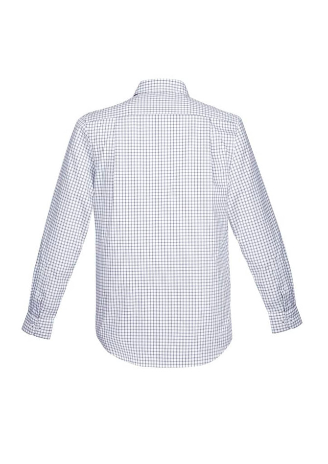 A men's long sleeve button-up shirt in a blue and white check pattern, featuring a rear view and a logo.