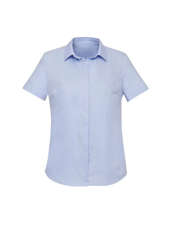 A light blue women's short sleeve button-up shirt featuring a classic collar and a logo.