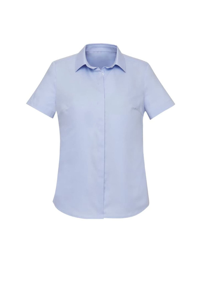 A short sleeve button-up shirt in light blue, featuring a classic collar and a logo on the chest.