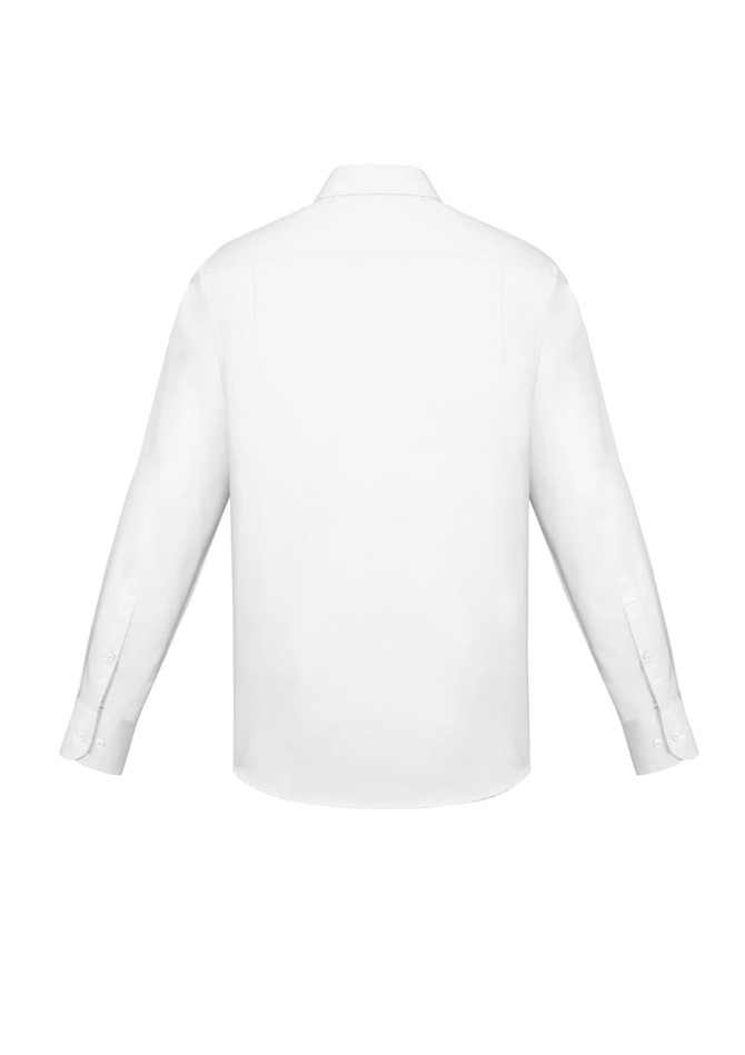 A white long sleeve button-up shirt with a classic fit, featuring a back view and button cuffs.