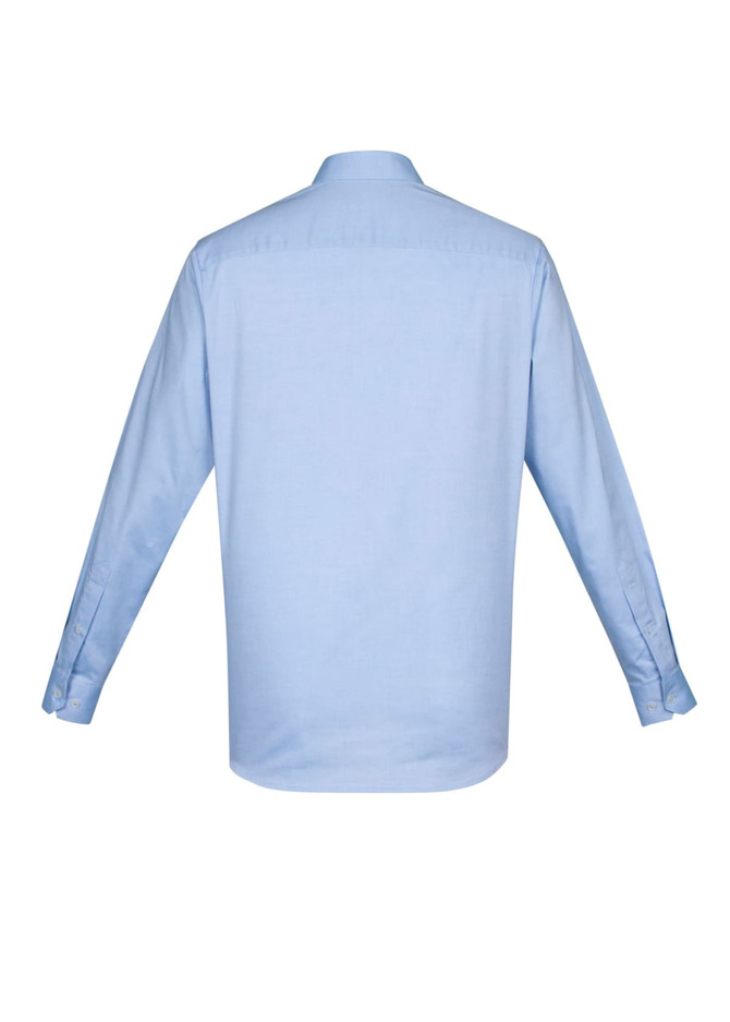 A light blue long sleeve button-up shirt with a classic collar and a logo on the back.