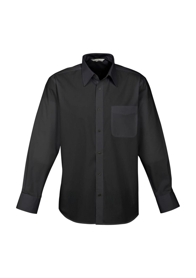 A black long sleeve button-up shirt with a chest pocket and a collar. It features a logo on the label.