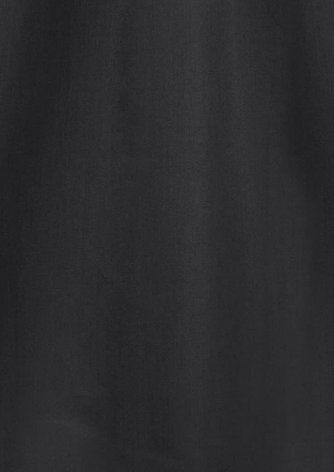 A black fabric for a women's 3/4 sleeve button-up shirt featuring a smooth texture and a logo.