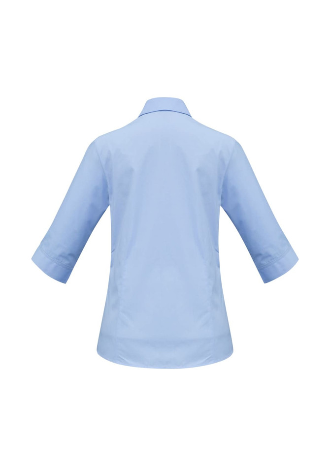 A women's 3/4 sleeve button-up shirt in light blue, featuring a back view with a smooth design and a logo.