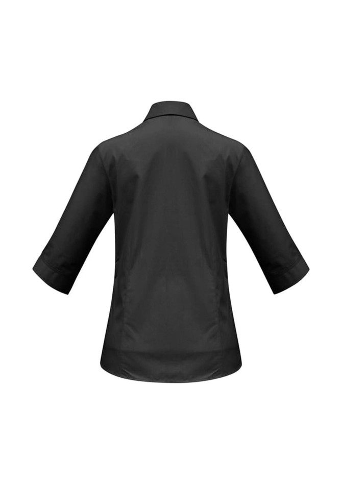 A black women's 3/4 sleeve button-up shirt with a collar and a logo on the back.