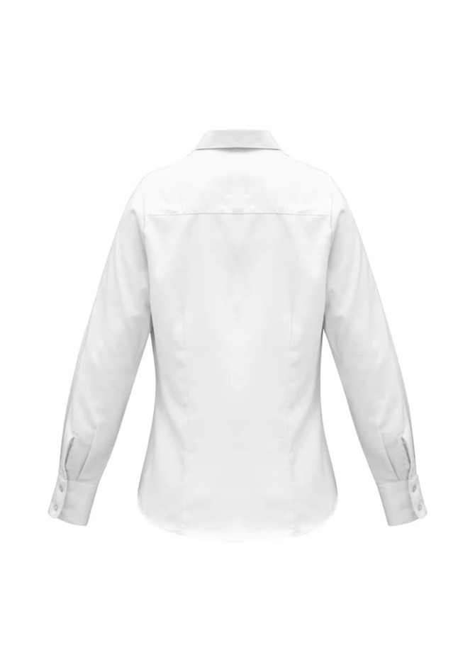 A white women's long sleeve button-up shirt with a classic collar and buttoned cuffs, featuring a branding logo.