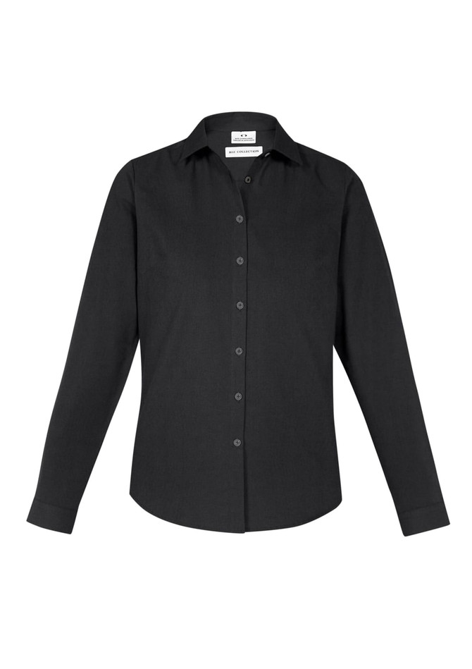 A black women's long sleeve button-up shirt featuring a classic collar and a logo on the label.