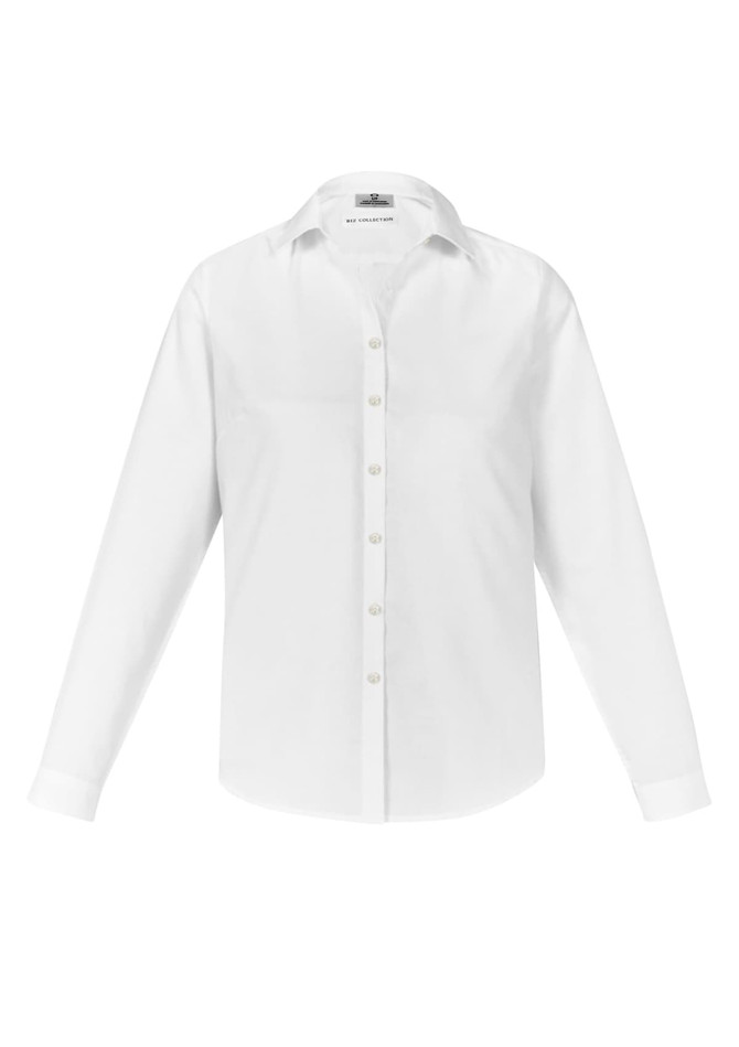 A white long sleeve button-up shirt for women featuring a collared neckline and a logo on the label.