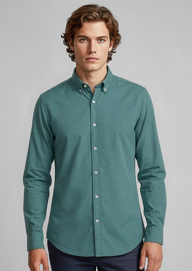 A men's long sleeve button-up shirt in a teal colour, featuring a collar and a logo on the chest.