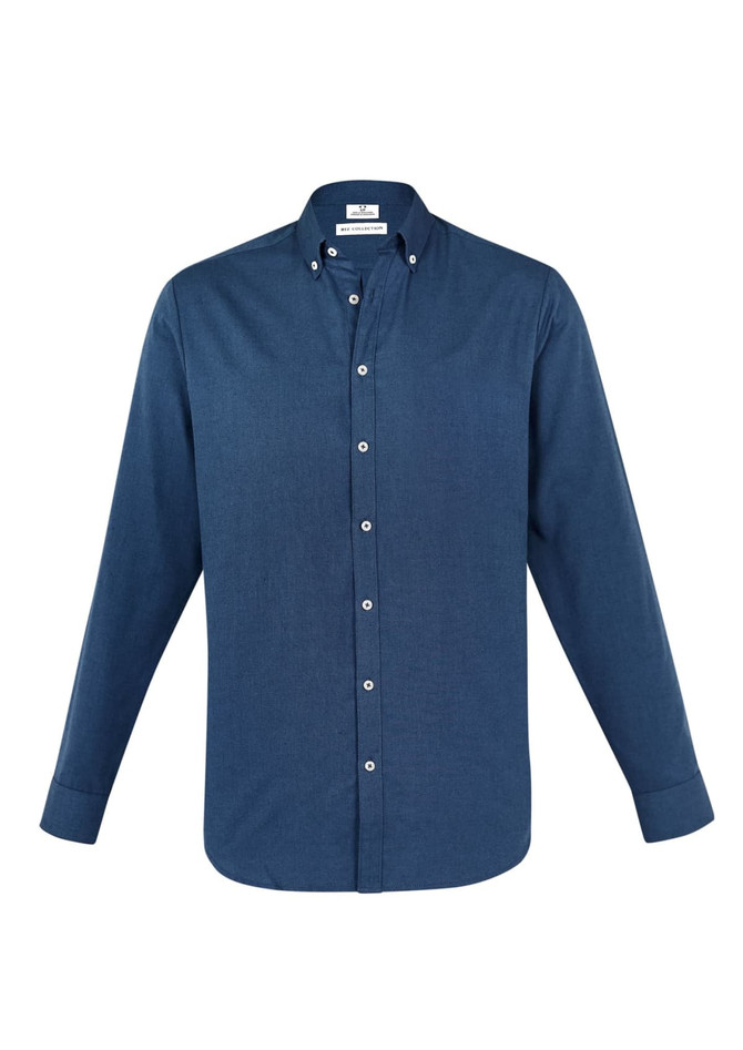 A button-up shirt in a solid navy blue colour with long sleeves and a collar. It features a logo on the label.