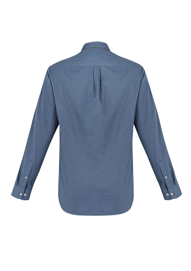A blue long sleeve button-up shirt with a back pleat and buttoned cuffs, featuring a logo.