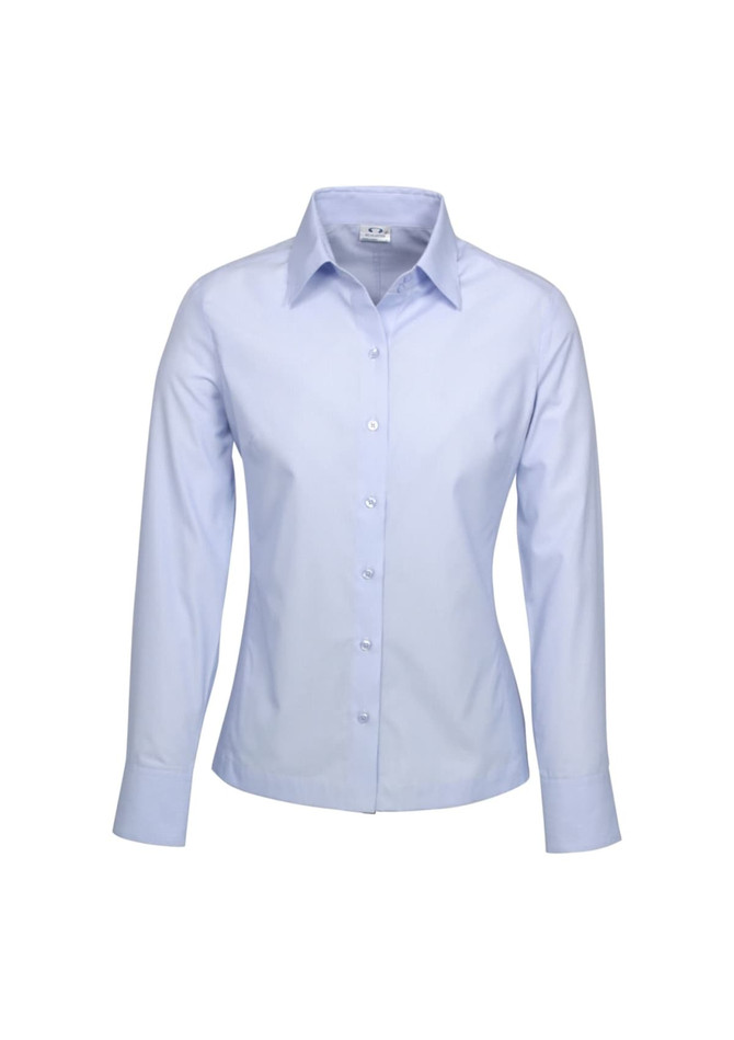 A pale blue women's button-up shirt with long sleeves and a collar, featuring a branding logo.