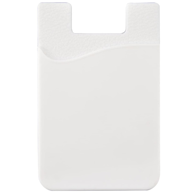 A white phone wallet with a textured finish and a curved pocket design, featuring a small logo.