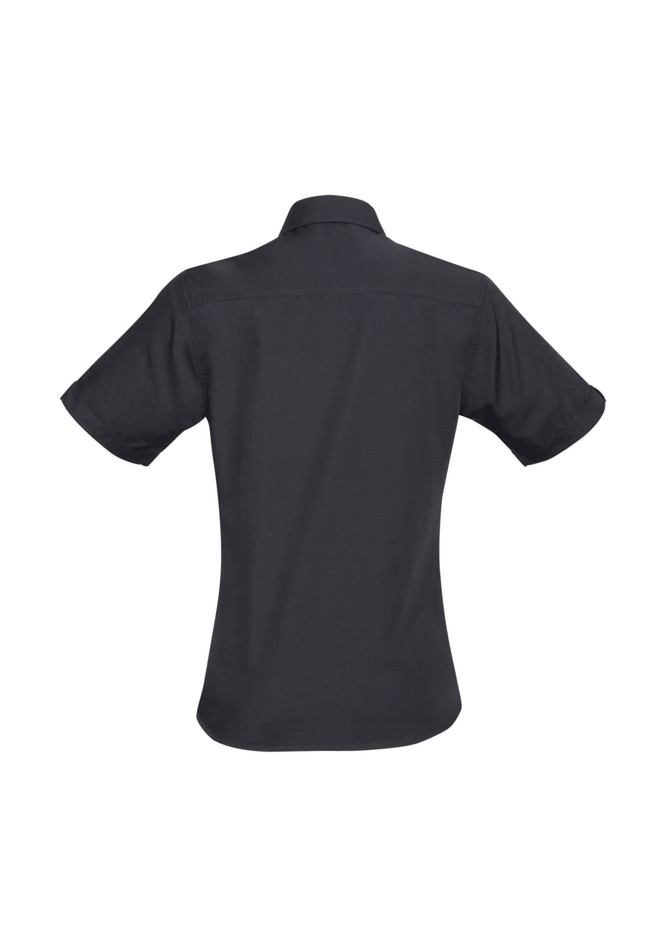 A black women's short sleeve button-up shirt featuring a back view design and a logo.