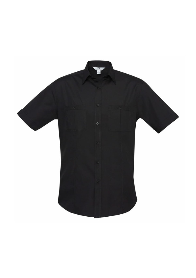 A black short sleeve button-up shirt with a collar and two front pockets, featuring a logo on the label.