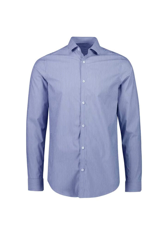A tailored long sleeve shirt in blue and white stripes, featuring a button-up front and a collar.