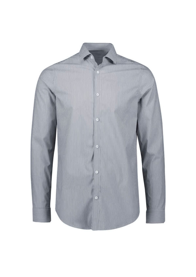 A tailored long sleeve shirt in navy blue with a striped pattern and a logo on the chest.