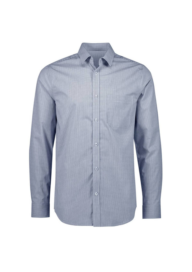 A men's long sleeve button-up shirt in a classic check pattern, featuring shades of blue and white. The shirt has a logo.