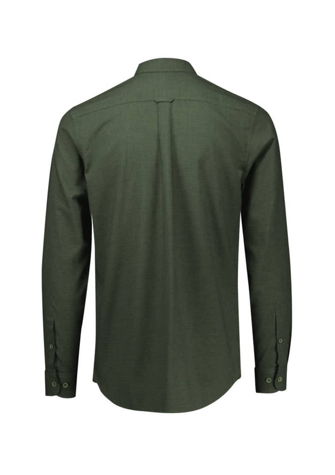 A green long sleeve button-up shirt with a back yoke and cuffs, featuring a logo.