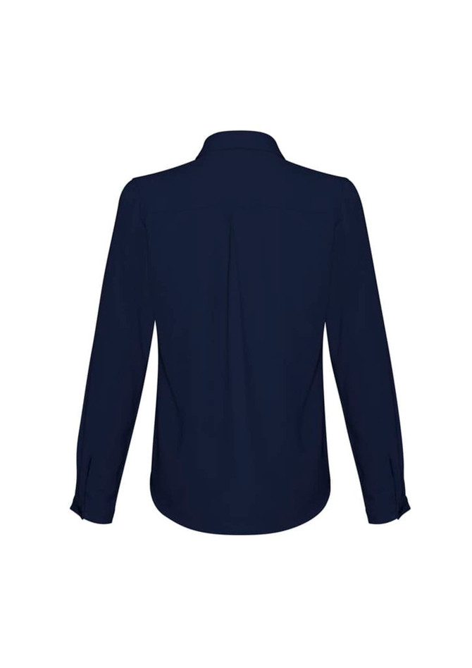 A navy blue women's button-up shirt with long sleeves and a collar, featuring a back pleat design.