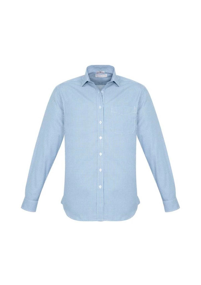 A light blue, striped long sleeve button-up shirt with a collar and a logo.