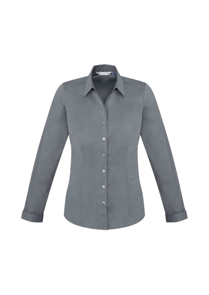 A grey long sleeve button-up shirt for women with a slender fit and a collar. It features a logo.
