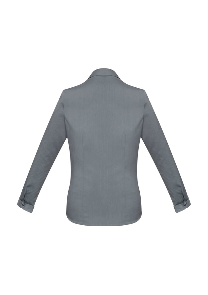 A grey women's button-up shirt with long sleeves, featuring a collar and button cuff details, with branding.