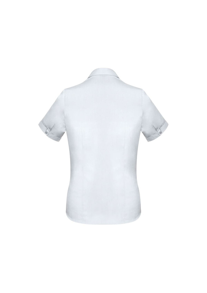A short sleeve women's button-up shirt in light grey, featuring rolled cuff details and a logo.